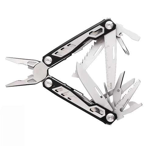 Open Do It All Folding Multitool Pliers With Safety Lock Stainless Steel EDC Tool For Camping And Home Repair showing tools