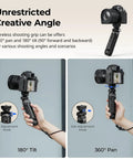 Multifunction Wireless Shooting Grip With Adjustable Selfie Stick And Integrated Remote demonstrating tilt and pan angles