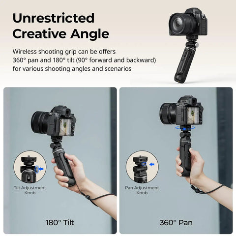 Multifunction Wireless Shooting Grip With Adjustable Selfie Stick And Integrated Remote demonstrating tilt and pan angles