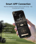 Smart Follow Me Electric Golf Cart With Wireless Remote And Rugged All Terrain Wheels Powered By A Beefy Thirty Six Hole Battery Serving Up Zero Friction Power Assist For Golfers mobile app interface showing real-time golf score tracking and remote control.