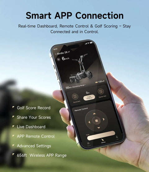 Smart Follow Me Electric Golf Cart With Wireless Remote And Rugged All Terrain Wheels Powered By A Beefy Thirty Six Hole Battery Serving Up Zero Friction Power Assist For Golfers mobile app interface showing real-time golf score tracking and remote control.