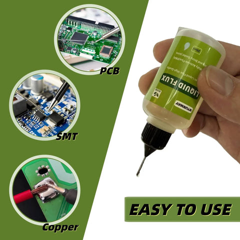 Hand holding Liquid Soldering Flux For Electronics Pro Grade No Clean Rosin Flux Dropper Bottle 30 mL with circuit boards