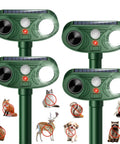 Solar Ultrasonic Animal Repeller With Motion Sensor Light For Yard Garden Lawn, Deterrent For Deer Squirrels Cats Raccoons Rabbits And Dogs, Easy Setup Eco Friendly Power 110 Degree Infrared Sensor 25 To 30 Ft Range. Green solar ultrasonic repeller with stake, PIR light and sensor.