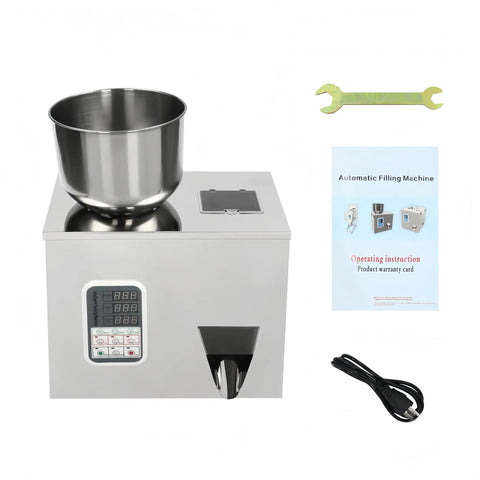 Top Shelf Automatic Filling Machine For Grains And Seeds Straight Up Fast Two To Five Second Bag Packing For Coffee Beans And Spices Dead On One Hundred Gram Dispenser Built Heavy Duty with stainless steel bowl and control panel.