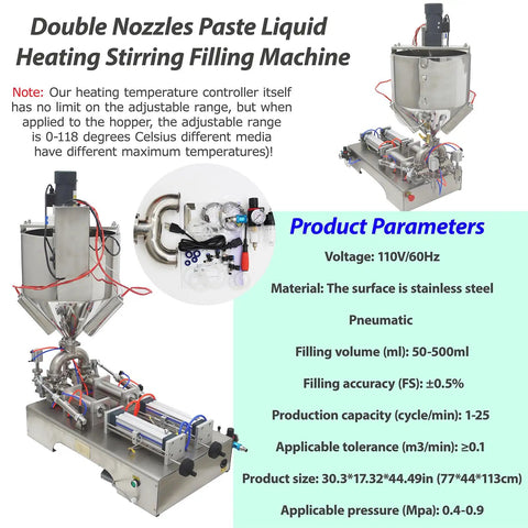 Top Shelf Pneumatic Piston Filler With Dual Stainless Steel Nozzles And Heating Stirring System Smooth No Drip Nonsense Liquid Paste Machine For Honey Cream Lotion Oil Cosmetics 110V with dual nozzles and stainless steel surface.