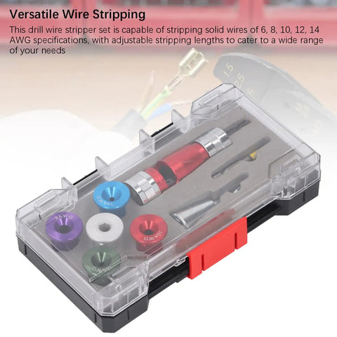 Heavy Hitter Electric Drill Wire Stripper Attachment with adjustable guides and various AWG sizes for precise wire stripping.