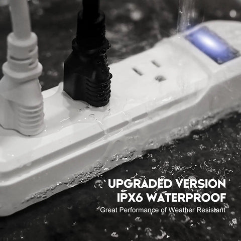 Outdoor Weatherproof Power Strip With 3 Outlets And 9.2 Ft Extension Cord Surge Protector With 1875W Overload Protection showing IPX6 waterproof feature