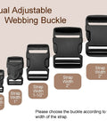 Several sizes of dual adjustable webbing buckles for straps shown, including 1-1/2 inch, suitable for various widths.