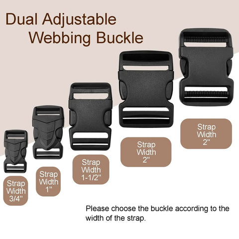 Several sizes of dual adjustable webbing buckles for straps shown, including 1-1/2 inch, suitable for various widths.