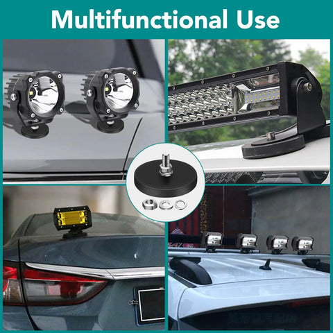 Rubber Coated Neodymium Magnets 30 Lbs Each With 1.69 Inch Circular Base And M5 Assembly Base For Light Bar Mirror Camera Tool 16 Pack Heavy Duty Magnetic Magnets Set installed on vehicles holding lights and cameras.