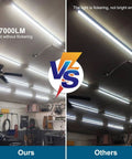 Comparison of bright 7000LM LED shop lights in a garage, showing flicker-free lighting on the left and flickering on the right.