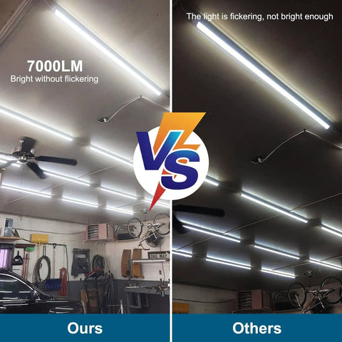 Comparison of bright 7000LM LED shop lights in a garage, showing flicker-free lighting on the left and flickering on the right.