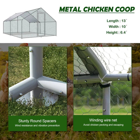 Heavy-Duty Metal Chicken Coop With Round Top Spire Roof And Tri-Support Wire Mesh Run Water-Resistant Cover dimensions and features