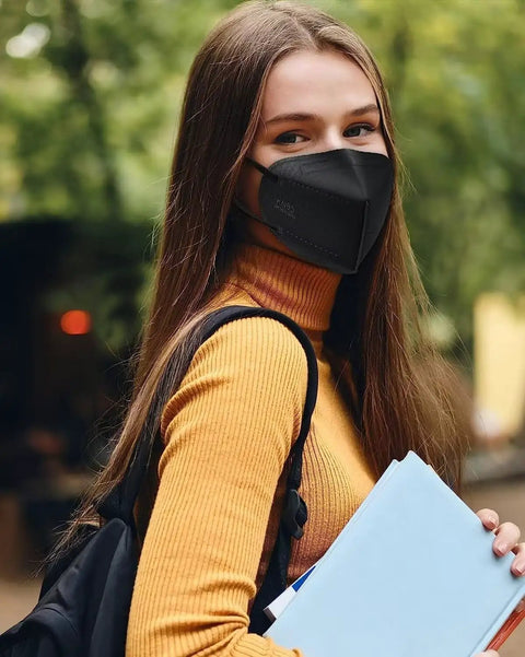 Woman outdoors wearing All Day Safe Kn95 Face Mask Pack Of 50 Individually Wrapped 5 Ply Breathable Filter Mask With 95 Percent Filtration