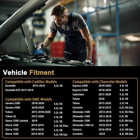 Mechanic working on vehicle engine with fitment chart for Cadillac, GMC, and Chevrolet models for fuel pump kit 12697966.