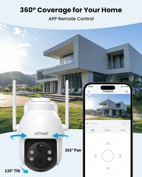 Wireless Outdoor Security Camera System With Solar Powered Battery 2K HD shown monitoring modern home with phone app view