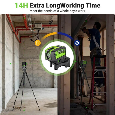 5 Point Self Leveling Laser Level With Plus Mode for precise plumb dots and level lines used by worker on site with tripod
