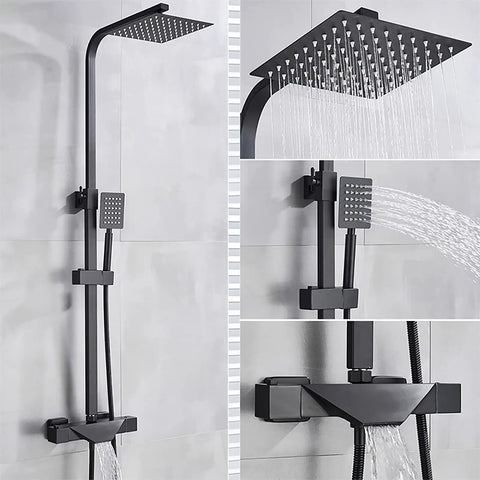 UMJIGF 8 Inch Black Shower System Thermostatic Waterfall Shower Faucet Set Wall Mounted Shower Combo Set Brass Mixer Shower with Fall Shower Head and Handheld Shower.