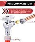 10 Pack Pex A Angle Stop Valve Set For Quick No Sweat Install 1/4 Turn On Off 3/8 Inch OD Compression To 1/2 Inch Pex A Expansion Chrome Plated Brass Lead Free Compatible With All Expansion Fittings with pipe compatibility diagram