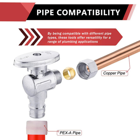 10 Pack Pex A Angle Stop Valve Set For Quick No Sweat Install 1/4 Turn On Off 3/8 Inch OD Compression To 1/2 Inch Pex A Expansion Chrome Plated Brass Lead Free Compatible With All Expansion Fittings with pipe compatibility diagram