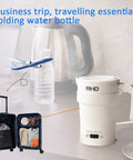 Foldable Electric Kettle 700ml Portable Collapsible Water Boiler With Keep Warm And Delay Start BPA Free 600W 304 Stainless Steel White For Travel Camping displayed ready to be packed.