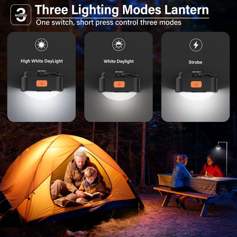Image of Rechargeable Camping Lights Dual Pack Black Tent Lights Mini LED Lanterns with three lighting modes displayed near a campsite.