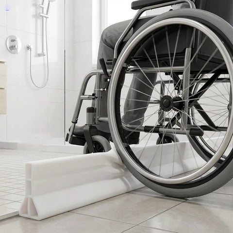 3.5 Inch High Collapsible Shower Threshold Water Dam, 59 Inch Long Splash Guard Barrier with wheelchair on tiled floor