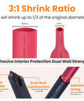 Beefy Heavy Duty Battery Cable Ends Kit With Ten Ring Terminal Connectors For Two Zero AWG And Three Eighth Inch Stud Plus Twelve Black And Red Heat Shrink Tubing With Adhesive showing 3:1 shrink ratio, glue inside, dual wall construction, and adhesive lining.