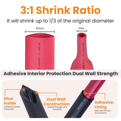 Beefy Heavy Duty Battery Cable Ends Kit With Ten Ring Terminal Connectors For Two Zero AWG And Three Eighth Inch Stud Plus Twelve Black And Red Heat Shrink Tubing With Adhesive showing 3:1 shrink ratio, glue inside, dual wall construction, and adhesive lining.