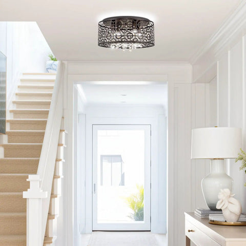 Brielle 15 Inch Modern Crystal Drum Flush Mount Ceiling Light With Cascading Crystals, 4 Light Glam Open Frame in hallway
