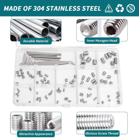 100 Piece Allen Screws Set Kit M3 M4 M5 M6 M8 With Allen Keys Heavy Duty Built To Last 304 Stainless Steel Cup Point Fasteners