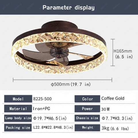 Diagram of 19.7 Inch Flush Mount Ceiling Fan With Lights Remote Control Low Profile Bladeless Modern Design, Coffee Gold color