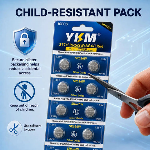 10 Pack Sr626sw And 377 Watch Batteries 1.55V Silver Oxide Button Cells in child-resistant packaging, showing secure blister design.