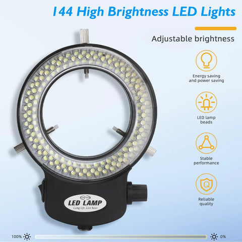 144 LED Ring Light For Stereo Microscopes And Cameras, Adjustable Illuminator With Dimmable Brightness, Pro Grade Lab Lighting For Clear Close Ups And Precise Imaging, black ring light