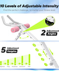 Adjustable Ab Trainer features 10 intensity levels, 2 angles, and 5 heights for customized workouts in bright pink.