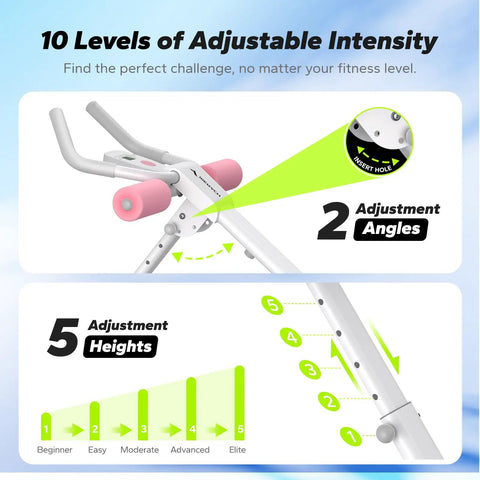 Adjustable Ab Trainer features 10 intensity levels, 2 angles, and 5 heights for customized workouts in bright pink.