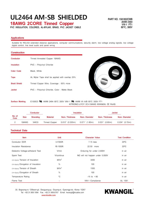 Specifications sheet for 18 AWG 2 Conductor AMSB Shielded Cable Wire UL2464, showing technical details and construction diagram.