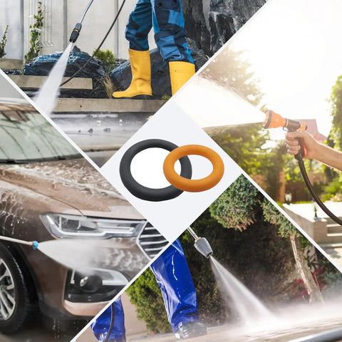 Ultimate 100-Piece Pressure Washer O-Rings Kit for M22 14mm Quick Connect Couplers with orange and grey O-rings, multiple usage scenes