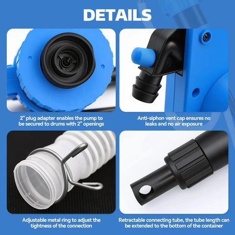 No Sweat Manual Lever Drum Pump for 55 Gallon Barrels showing 2 inch adapter, anti-siphon vent cap, and adjustable metal ring.