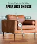 The Real Deal Leather And Furniture Repair Salve Polisher With Deep Conditioner That Brings Beat Up Surfaces Back To Life And Keeps Your Ride Looking Crisp For Cars Couches Boots 8 Oz. before and after image of a restored leather couch