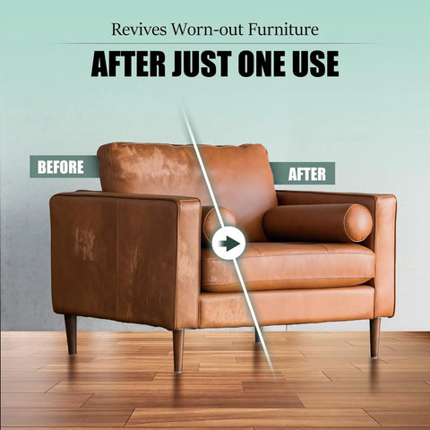 The Real Deal Leather And Furniture Repair Salve Polisher With Deep Conditioner That Brings Beat Up Surfaces Back To Life And Keeps Your Ride Looking Crisp For Cars Couches Boots 8 Oz. before and after image of a restored leather couch