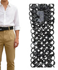 Premium Industrial Steel Punk Metal Belt In Matte Black With Easy Hook And Loop Sizing For Badass Gothic Streetwear Fits and rugged everyday flex style worn with beige trousers.