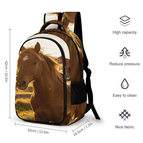 Red Barn Pasture Horse Print Backpack For Everyday Use Unisex Large Capacity Daypack With Durable Zippers Breathable Polyester Build Trendy School And Travel Bag showing side view with horse print.
