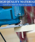 Jigsaw blades set, close-up view, 10-piece T-shank for wood, metal and plastic cutting