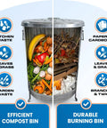 Outdoor 20 Gallon Burn Barrel For Backyard Burning Trash Leaves And Paper Galvanized Steel Metal Burn Can Cage Bin With Lid And Vent Holes split view showing compost and burn options