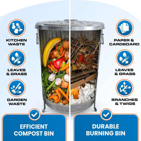 Outdoor 20 Gallon Burn Barrel For Backyard Burning Trash Leaves And Paper Galvanized Steel Metal Burn Can Cage Bin With Lid And Vent Holes split view showing compost and burn options