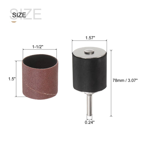 Twelve Pcs 1-1/2 Inch Sanding Sleeves Kit 120 Grit With 1/4 Inch Drum Mandrels For Rotary Tools next to size measurements