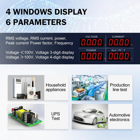 High Precision Bench Digital AC Power Meter For Lab And Workshop Pro Grade Readouts Of Voltage Current Power Factor And Frequency With Upper And Lower Limit Alarm Built In Processor And Accurate 0.4 Percent Plus 0.1 Percent. 4-window display