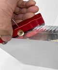 Precision Badass Knife Maker Centerline Scribe Kit Two Pack Adjustable Carbide Tip marking straight lines on metal surface.