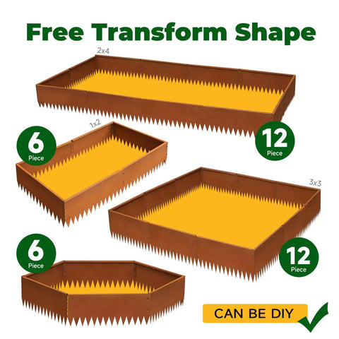 Various shapes of Pre-Rusted Weathering Steel Landscape Edging Kit For Gardens And Walkways, 12 Piece Set displayed.